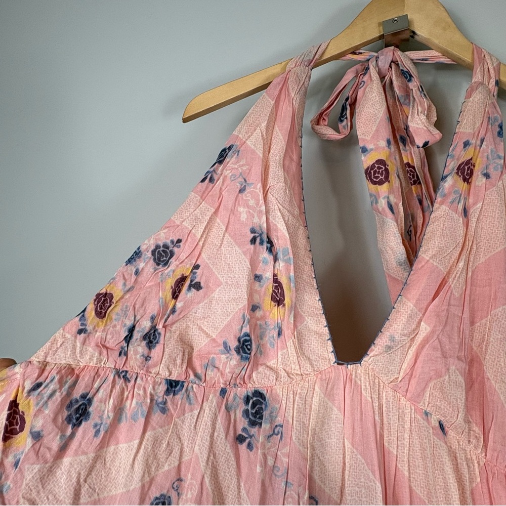 New Free People Stop Time Maxi Dress Sz M Halter Coquette Pink Cotton Tiered - Picture 4 of 15